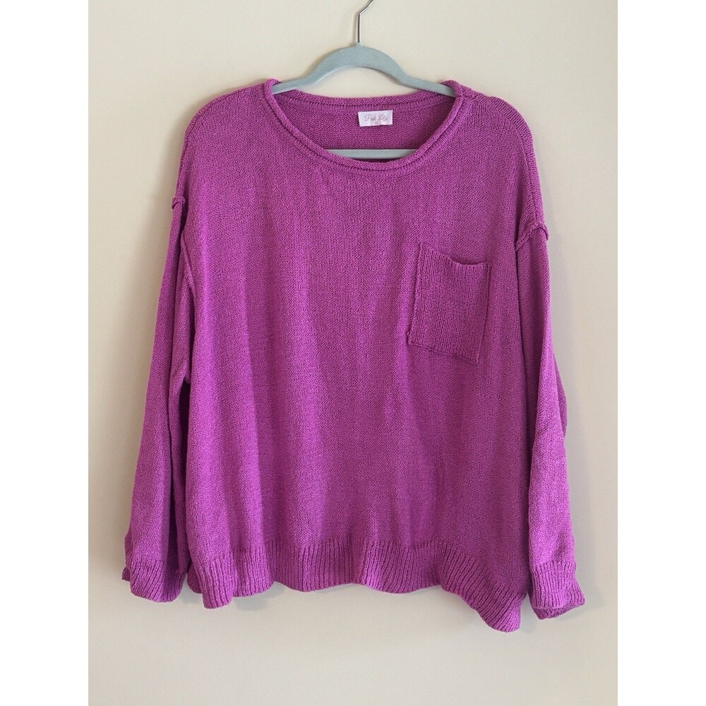 Pink Lily Tell Me Everything Sweater XS Magenta Oversized Pocket Lightweight